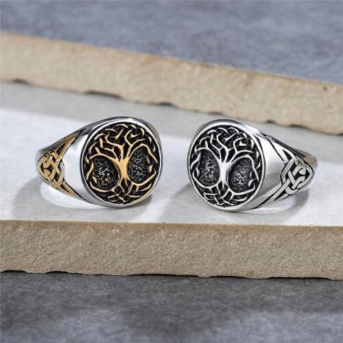 Vintage Gold/Steel Viking Tree Of Life Ring Men Nordic Stainless Steel Odin Celtics Knot Ring Fashion Biker Jewelry Amulet Gift