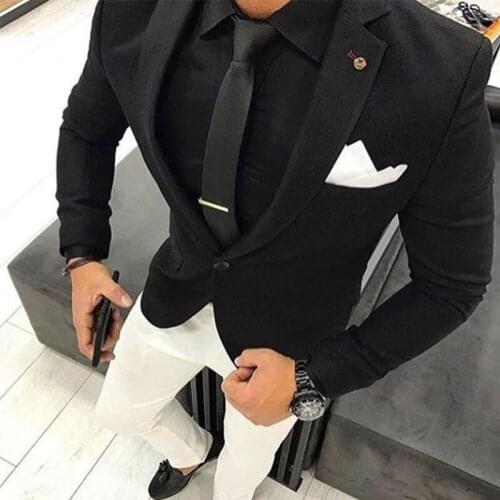 ANNIEBRITNEY Black 2 Piece Slim Fit Men Suit With Ivory Pants Tailor Made Skinny Groom Wedding Tuxedo Prom Wedding Men Suit Set