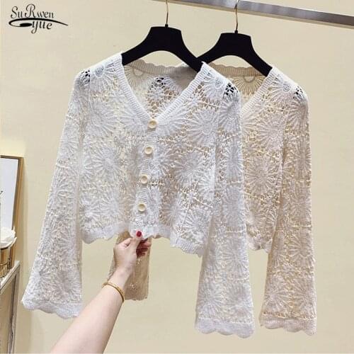 New Hollow Out Button Up Lace Shirt Women Fashion Sexy Long Sleeve Slim Blouse Women White Apricot Female Clothing Blusas 13636