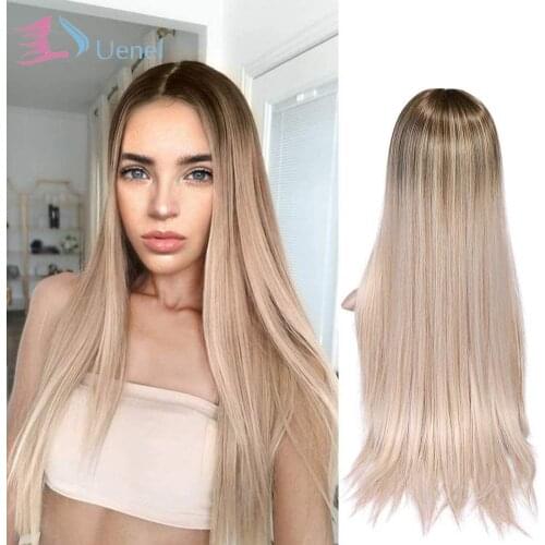 Uenel Wig Brown To Ash Blonde Silky Straight High Density Heat Resistant Synthetic Hair Weave Full Wigs For Women 24"