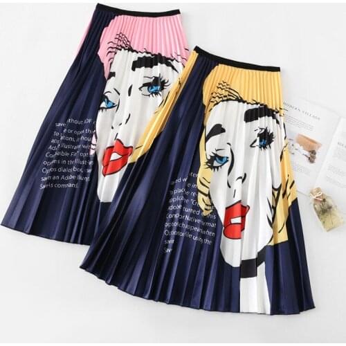 Pleated Skirt Women Summe Print Cartoon Pattern Empire Elastic Women Skirt Big Swing Party Holiday high waist skirt elegant