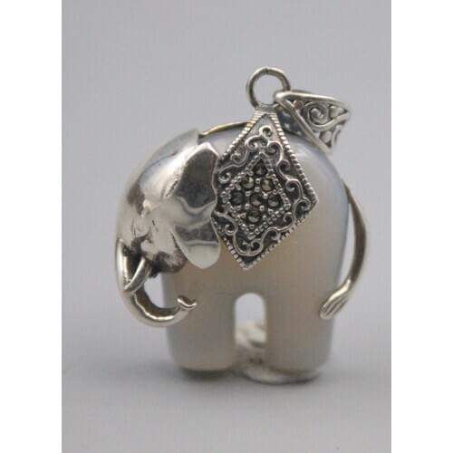 Pure 925 Sterling Silver Pendant 36x25mm White Chalcedony Elephant Pattern Charms For Woman Man