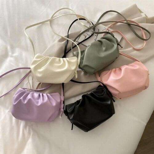 Casual PU Women Pleated Pure Color Cloud Hobo Bag Fashion Shoulder Bag Zipper Mini Sling Bag