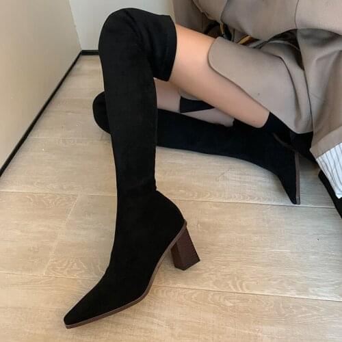Size 33-43 Women Over the Knee High Boots Black Khaki Shoes Ladies Sexy Slim Leg Elastic Thigh Boots Kid Suede Dress Botas mujer
