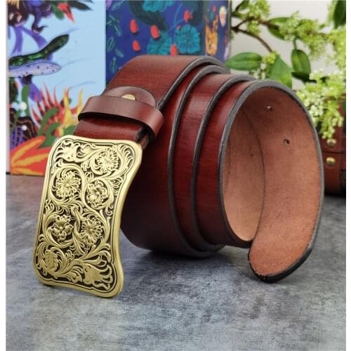 Luxury Carving Flower Brass Belt Buckle Mens Belt Ceinture Top Thick Geunine Leather Belt For Men Wide Trouser Belt Men MBT0031