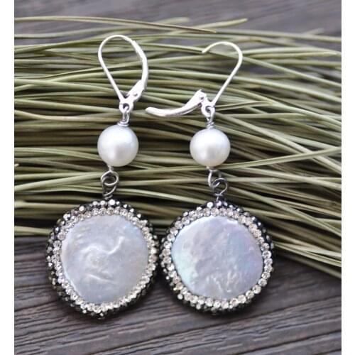 P7661 22mm White Coin & Round Pearl Dangle Earring CZ 925SC