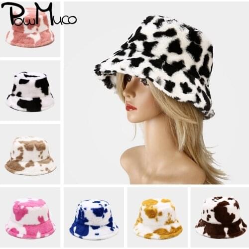 Powmuco Cow Pattern Printted Fisherman Caps Plush Thickening Bucket Hats Unisex Autumn and Winter Outdoor Sport Keep Warm Bonnet