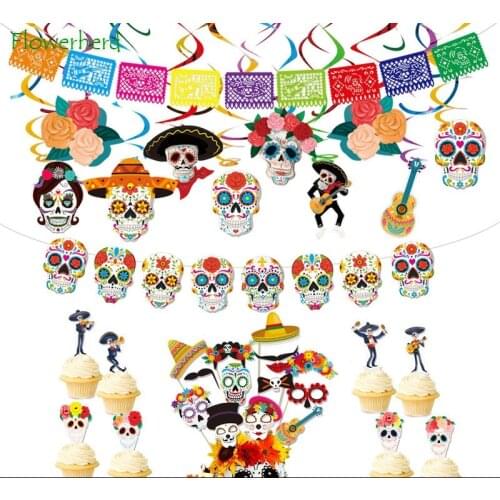 Mexico Day of The Dead Theme Party Decoration Banner Pvc Spiral Pendants Ghost Festival Paper-cut Flag Decoraciones Para Fiestas