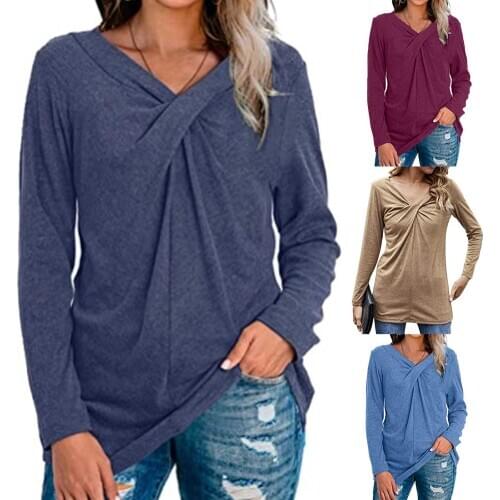 Womens blouse Autumn Solid Color V Neck Long Sleeve Blouse Cross Knot Loose Tunic Top clothing women 2020