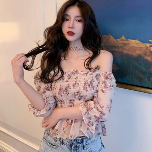 Retro Floral Print Puff Sleeve Chiffon Shirt for Women Sexy Slash Neck Navel Exposed Short Sleeve Blouse