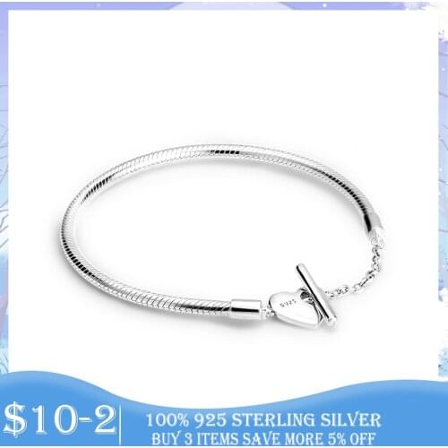 Femme Bracelet 925 Sterling Silver Moments Heart T-Bar Snake Chain Bracelet Bangle for Women Fine Women Jewelry Gift Pulseira