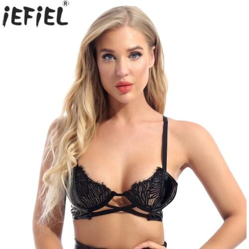 Women Hallow Out Lace Patchwork Bra Tops Sissy Clubwear Ladies Wet Look Underwired Bras See-through Sexy Lingerie for Nightclub