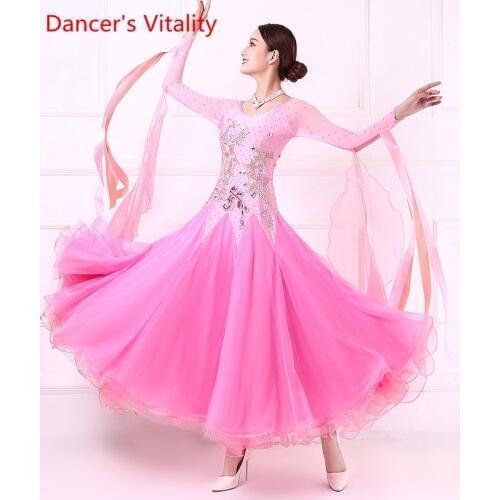 New Modern Dance Performance Long Dress 2019 Waltz Big Swing Pink Long Sleeves Splicing Ballroom Jazz Outfits Garments Clothes
