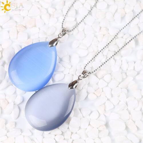CSJA Big Blue Grey Cat Eye Opal Gem Stone Costume Bubble Necklace Water Drop Pendant Classic Women Jewelry Beaded Chain E160