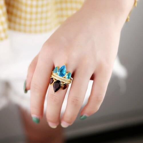 Gold filled New Fashion wedding party jewelry for women charm bright Sparking bling tear drop colorful cz stone lady finger ring