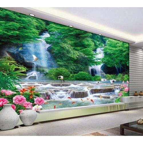 Free Shipping Landscape Waterfall Landscape TV Background Wall Fish Jumping Red Crowned Crane Custom 3D Living Room Mural