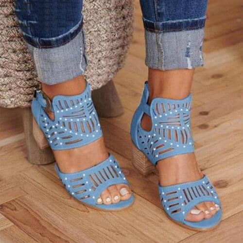 Women Fashion Sandals Women Vintage Hollow Out Peep Toe Square Heel Wedges Sandals High Heels Shoes Zapatos Mujer Big Size 42