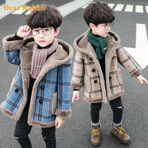 Children clothing Woolen Coats For Boy Autumn Winter Warm Plaid Jackets Long Hooded clothes Fleece Thick Outerwear Kids Overcoat