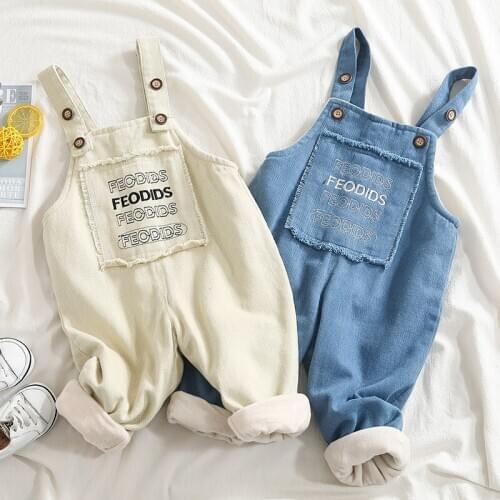 Childrens Overalls Winter New Kids Plus Velvet Thicken Jumpsuits Fashion Letter Print Cotton Warm Overall For Baby Boys Girls