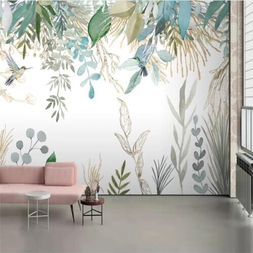 Custom Mural Wallpaper Hand Painted Small Fresh Tropical Plants Leaves Flowers And Birds Background Wall Painting