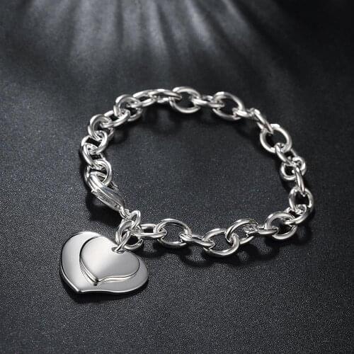 Hot Valentines Day gifts 925 sterling silver Bracelets for women fashion charm Double Heart chain Wedding party popular Jewelry