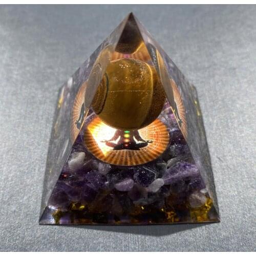 HANDMADE Tiger Eye Crystal Sphere & Amethyst Quartz Orgone Pyramid 60MM Reiki Energy Healing Chakra Meditation