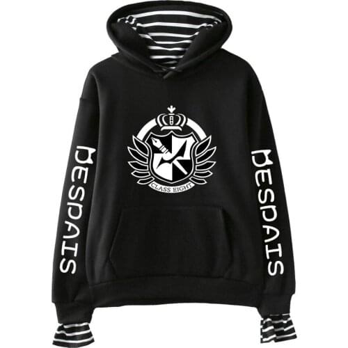 Danganronpa Monokuma Hoodie Women Sweatshirt Striped Patchwork Fake Two Pieces Sweatshirt Harajuku Girl Pullover women Clothes