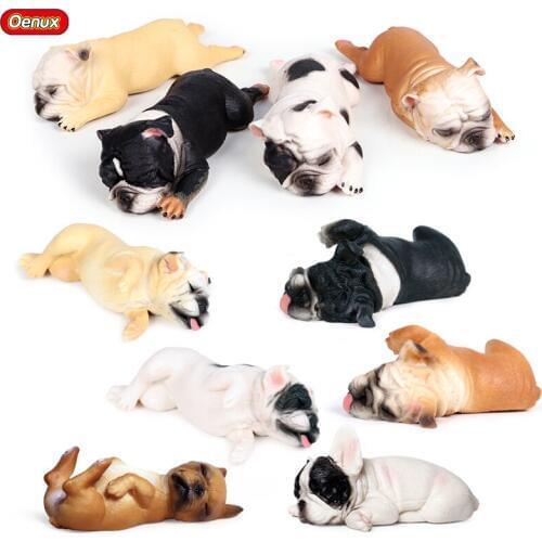Oenux Simulation Kawaii Pet Dogs French Bulldog Model Action Figure Cute Sleeping Bulldog Animal Model Figurine Toy For Children