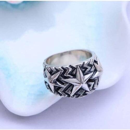 Real S925 Sterling Silver Retro Style Five Pointed Star Mens Ring Exquisite Commemorate Party Jewelry