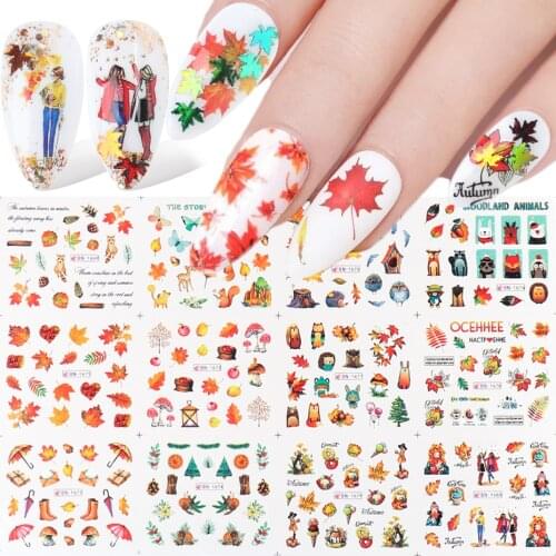 12pcs Maple Leaves Nail Sticker Tree Squirrel Feather Animal Slider Ice Cream Autumn Water Transfer Decal Decor SABN1669-1680
