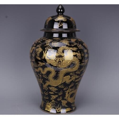 Qing Dynasty Kangxi Black Gold Glaze Gold Dragon Pattern porcelain Ginger Jar Hand Painted Antique ceramic temple jar