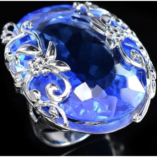 Luxury Oval Cut Blue Zircon Rings Set for Wedding Engagement Promise Bridal Party Jewelry