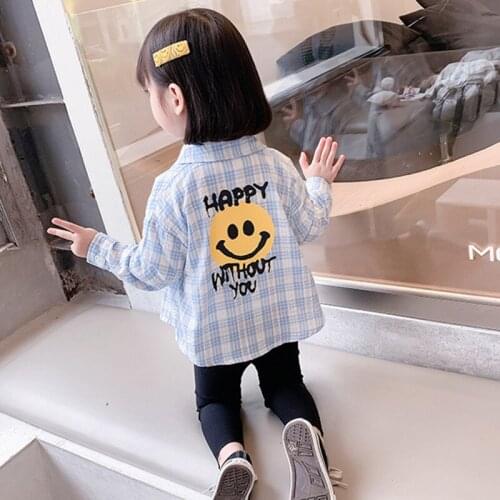 Baby Girls Smile Face Plaid Shirts 2021 Autumn Long Sleeve Single Breasted Casual Tops Cotton Kids Clothes For 1-7Yrs Outfits