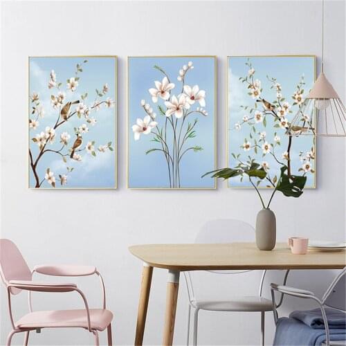 Nordic Pink Blooming Flower Tree Birds Animal Canvas Painting Posters Prints Landscape Wall Picture for Living Room Home Decor