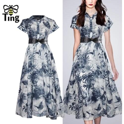 Tingfly Summer Vogue Button Up Vintage Print Party Dinner Dresses Retro Elegant Women Dress Francais Vestidos Traf Elbise Plus