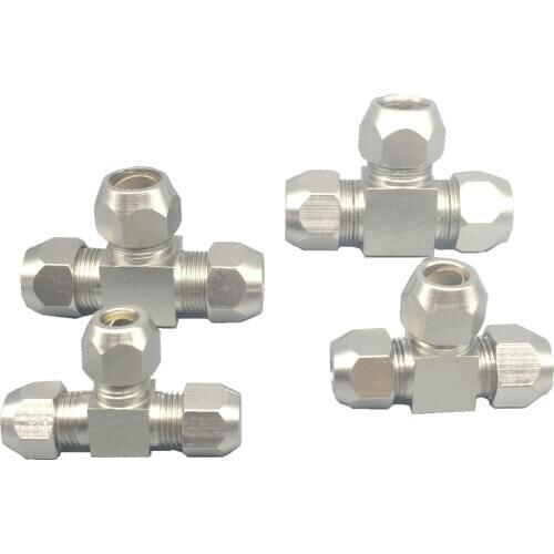 2PCS Fit Tube O/D 4/6/8/10/12/14/15/16mm Tee 3 Ways Nikel Plated Brass Ferrule Pneumatic Air Compression Fitting Connector