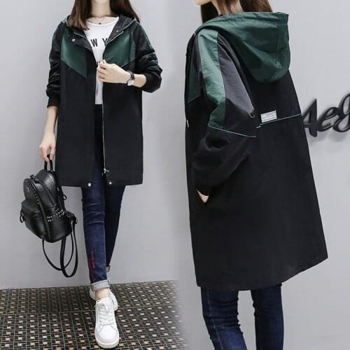 Streetwear Windbreaker Women Casual Hooded Medium Long Trench Coat Autumn Woman Korean Fashion Zipper Long Coats Fall