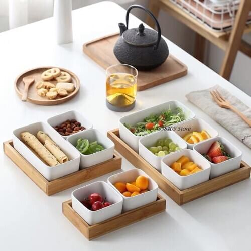 Japanese Ceramic Fruit Plate Dessert Pudding Bowl Natural Bamboo Wood Tray Candy Snack Storage Tray Food Compartment Salad Bowl