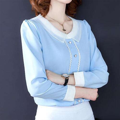 Women Spring Autumn Style Chiffon Blouses Shirts Solid Peter Pan Collar Long Sleeve Blouses Elegant Fashion Womens Tops DF3206