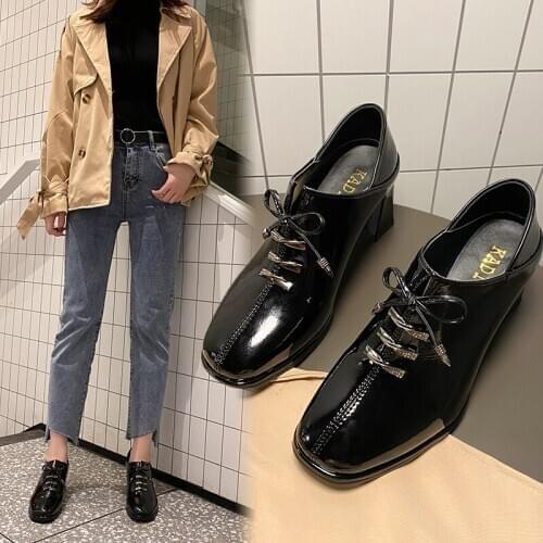 2020 spring new ladies high-heeled single shoes square heel deep mouth bright bow sweet elegant simple womens shoes 11B-53