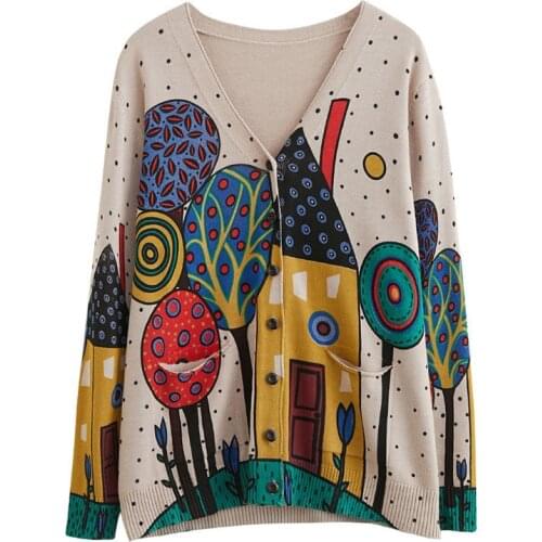 Spring and Autumn Plus Size Womens V-neck Sweater Loose Lazy Cardigan Jacket Printed Knitwear Womens Outerwear