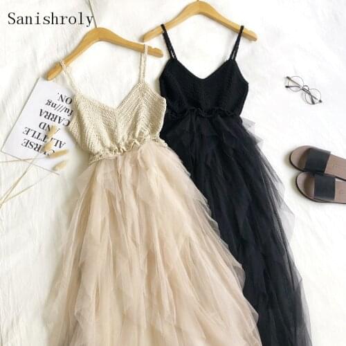 Sanishroly New Women Long Tank Dress V-Neck Knitted Patchwork Mesh Dresses Female Sleeveless Spaghetti Strap Dress Vestidos S978