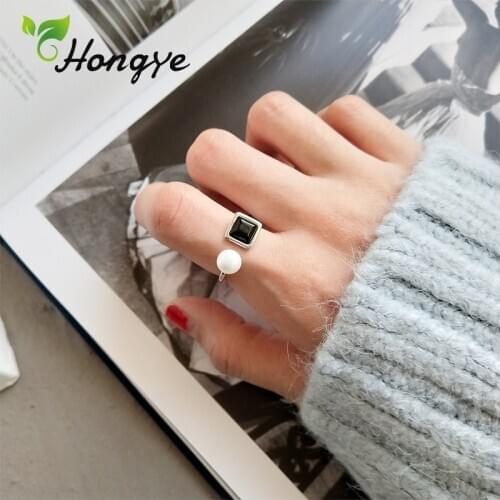 Hongye Females Finger Ring For Girls Original Simple Korean Jewelry 925 Sterling Silver Pearl Adjustable Black Agate Party 2020