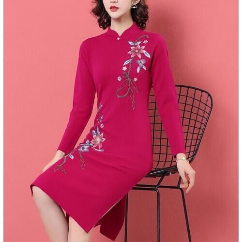 2021 Women Stand Collar Buckle Retro Chinese Style Improved Cheongsam Bead Button Long Sleeve Qipao Vintage Party Dresses Y485