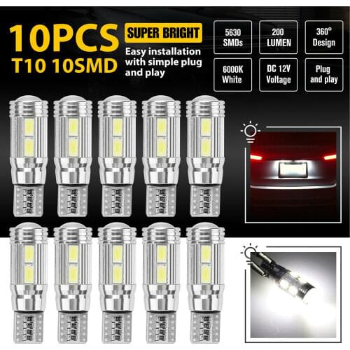 10PCS T10 LED Interior License Plate Light Bulbs 6000K Super White 168 194 2825 5630 SMDs 200 Lumen 360° DC 12V