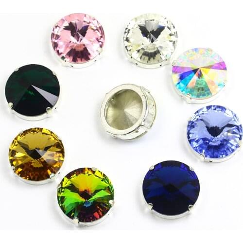 18mm Rivoli Colorful Sew On Crystal Rhinestone K9 Glass Strass Round Sewing Rhinestone with Claw for Wedding Dress Decorations