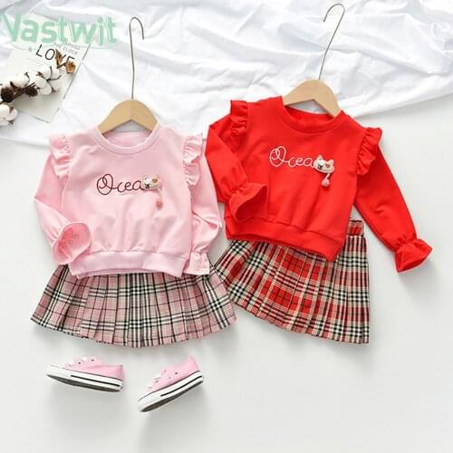 New Summer Girl Clothes Sets 2Pcs Fashion Navy Short Sleeve Sweatershit+Pleated Skirt Kids Clothes Suit Cute Toddler Clothes