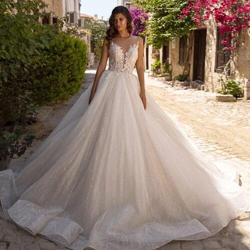 Princess Shiny Ball Gown Dresses Plus Size Vestido De Noiva Princesa Beading Appliques See Through Bridal Dress Robe Mariage