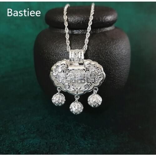 Bastiee 999 Sterling Silver Chinese Letter Pendant Necklace Women Accessories Handmade Kids Jewelry Luxury Lock Baby Small Bells