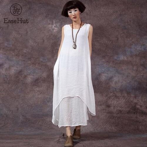 EaseHut 5XL Plus Size Dress for Women Solid Sleeveless Pocket Irregular Hem Baggy Ethnic Maxi Long Dress Loose Summer Sundress